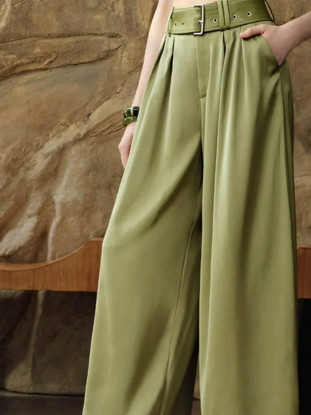 Olive Green Elegant Satin Wide-Leg Women's High-Waisted Office Pants - Picture 4 of 7